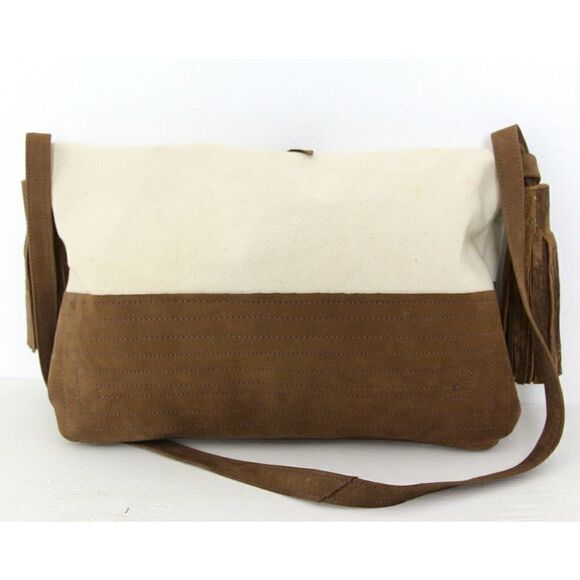 HANDMADE MURKA NATURAL IVORY CANVAS BROWN LEATHER TASSEL FOLD OVER SHOULDER BAG - Picture 6 of 11